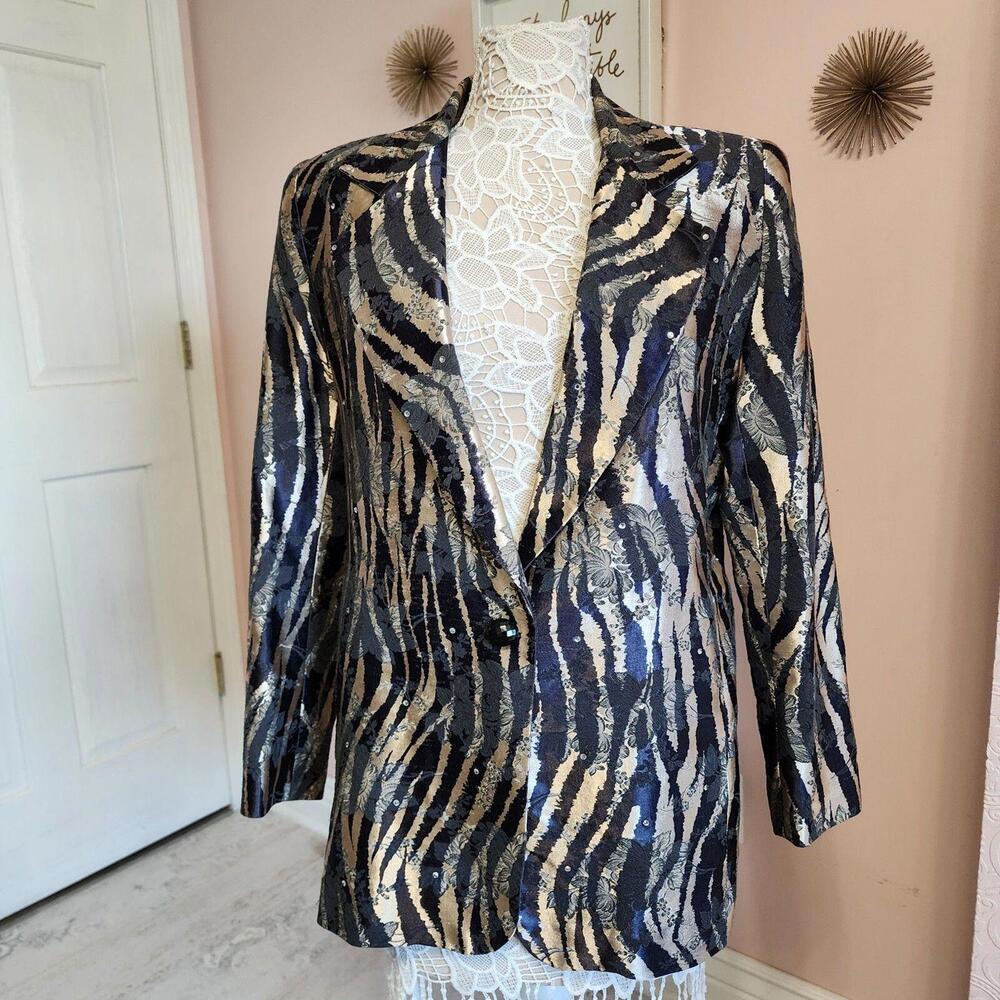 Flawless Lori Zoni Black Gold Metallic rhinestone embroider blazer jacket M
